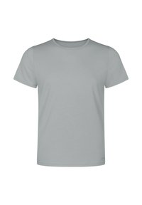 Světle šedé tričko s krátkým rukávem, kulatým výstřihem, hladkou texturou a rovnou siluetou. Bez vzorů nebo viditelných log.