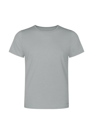 Hellgraues T-Shirt mit kurzen Ärmeln, Rundhalsausschnitt, glatter Textur und geradem Schnitt. Keine Muster oder sichtbaren Logos.