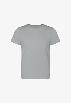 Lys grå t-shirt med korte ærmer, rund halsudskæring, glat tekstur og lige snit. Ingen mønstre eller synlige logoer.