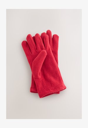 Mănuși roșii din fleece cu o textură moale, design cu cinci degete și manșete întărite pentru căldură. Fără modele sau detalii de accesorii vizibile.