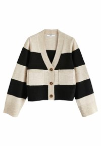 Beige and black striped cardigan with a v-neck, four front buttons, and two front pockets. Ribbed cuffs and bottom hem, knit texture.