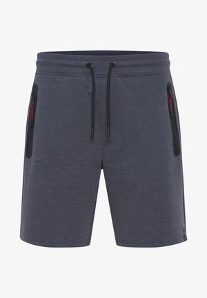 Grijze sportshorts met een gestructureerd patroon, elastische tailleband, verstelbaar trekkoord en twee met rits sluitbare zakken met rode accenten.