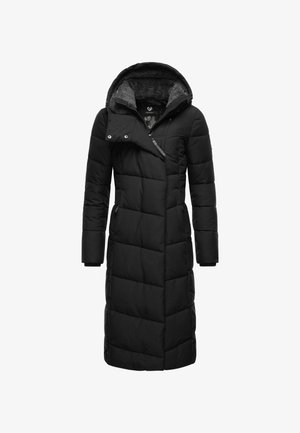 Czarna długa kurtka puchowa z kapturem, z pikowanymi panelami, przednim zamkiem błyskawicznym i bocznymi kieszeniami. Wnętrze wyściełane miękkim materiałem.