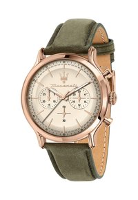 Maserati-Uhr mit einem Gehäuse aus roségoldfarbenem Edelstahl, cremefarbenem Zifferblatt, grünem Wildlederarmband, Chronographen-Funktion und Krone zur Einstellung.