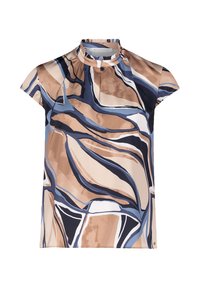 Blusa a maniche corte con colletto alto, realizzata in tessuto morbido con un motivo astratto nei toni del brunito, blu e crema.