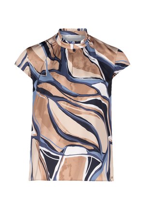 Kurzärmlige Bluse mit hohem Kragen und abstrakten Mustern in Beige-, Navy- und Blautönen, gefertigt aus glattem, leichtem Stoff.