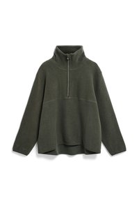 Pullover in pile verde con colletto alto, chiusura a zip e spalle scese. Presenta un design bifinito e una vestibilità comoda con spacchi laterali.