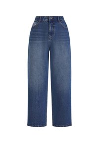 Jeans z wysokim stanem w niebieskim kolorze o szerokiej nogawce. Posiadają kieszenie z przodu oraz delikatne przetarcia, uszyte z tkaniny 100% bawełnianej.