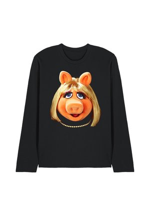 Black long-sleeve shirt with a graphic of Miss Piggy's face, featuring blonde hair, blue eyes, and a pearl necklace.