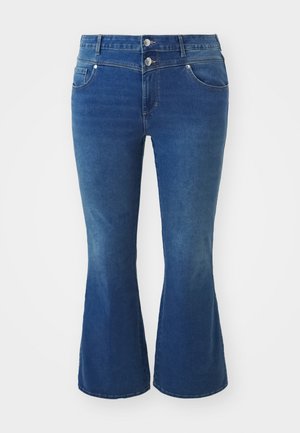 Uitgebrede jeans in donkerblauwe denim, met een hoge taille, twee frontzakken en zilverkleurige knopen, met een gladde textuur en vervaagd ontwerp.