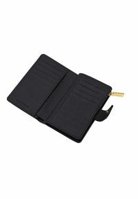 Black leather wallet with textured surface, multiple card slots, golden hardware detailing, and a secure closure tab.