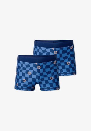 Blaue karierte Shorts mit elastischem Bund. Versehen mit orangefarbenen Smiley-Akzenten und einer glatten, weichen Textur. Erhältlich im 2er-Pack.
