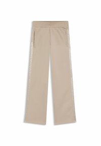 Pantaloni beige a gamba larga realizzati in tessuto morbido, dotati di tasche laterali e di un bordo decorato lungo le cuciture esterne. Vita elastica per un comfort ottimale.