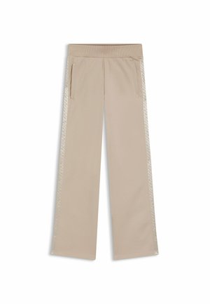 Beige leveled trousers garbed in мягкой ткани, имеющие боковые карманы и узорный кантик вдоль внешних швов. Эластичный пояс для удобства.