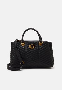 Schwarze gesteppte Lederhandtasche mit goldfarbenen Beschlägen und zwei Griffen. Verfügt über ein auffälliges G-Logo, einen verstellbaren Riemen und ein Chevron-Muster.