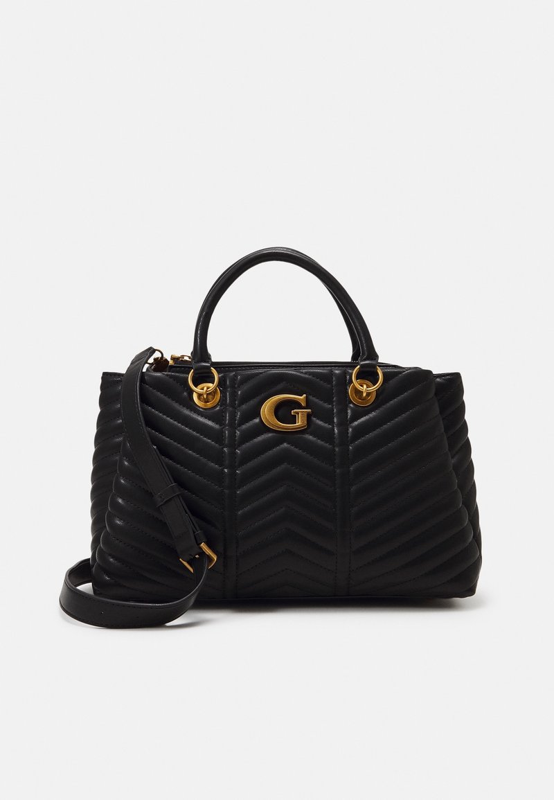 Schwarze gesteppte Lederhandtasche mit goldfarbenen Beschlägen und zwei Griffen. Verfügt über ein auffälliges G-Logo, einen verstellbaren Riemen und ein Chevron-Muster.