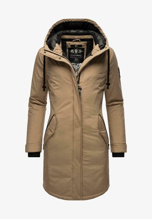 Beige gefütterte Parka mit schwarzem Innenfutter, verstellbarem Kapuzen, zwei Taschen vorne und elastischen Bündchen. Zeigt ein dezentes Logo auf der Brust.