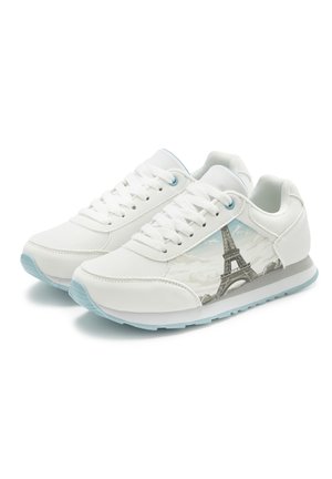 Pair of white sneakers with light blue soles, featuring an illustration of the Eiffel Tower on the side panels.