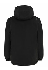 Schwarze Jacke mit Kapuze, aus einem glatten Stoff gefertigt. Verfügt über elastische Bündchen und ein Logo auf der oberen linken Rückseite. Einfaches, funktionales Design.