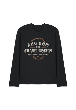 Black long-sleeve shirt with beige and brown barbed wire circle design and text that reads "And Now The Crawl Begins North Ten - Two Hours."