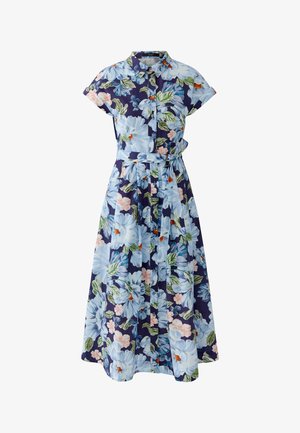 Robe midi bleu marine avec manches courtes, boutonnage sur le devant, ceinture à la taille et grand imprimé floral aux accents bleu clair, rose, vert et orange.
