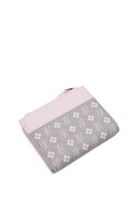 Peněženka vyrobená z měkké šedé kůže s růžovými akcenty, s opakujícím se logem a květinovým vzorem, na zip a s designem na dvě části.
