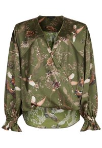 Blouse verte en tissu doux présentant un motif floral et d'oiseaux, avec des manches longues à poignets froncés et un ourlet courbé.