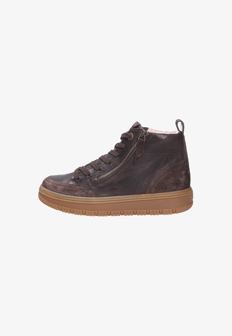Bruine leren high-top sneaker met een gestructureerde afwerking, ronde neus, veters aan de voorkant, zijrits en rubberen zool met een contrasterende tan kleur.