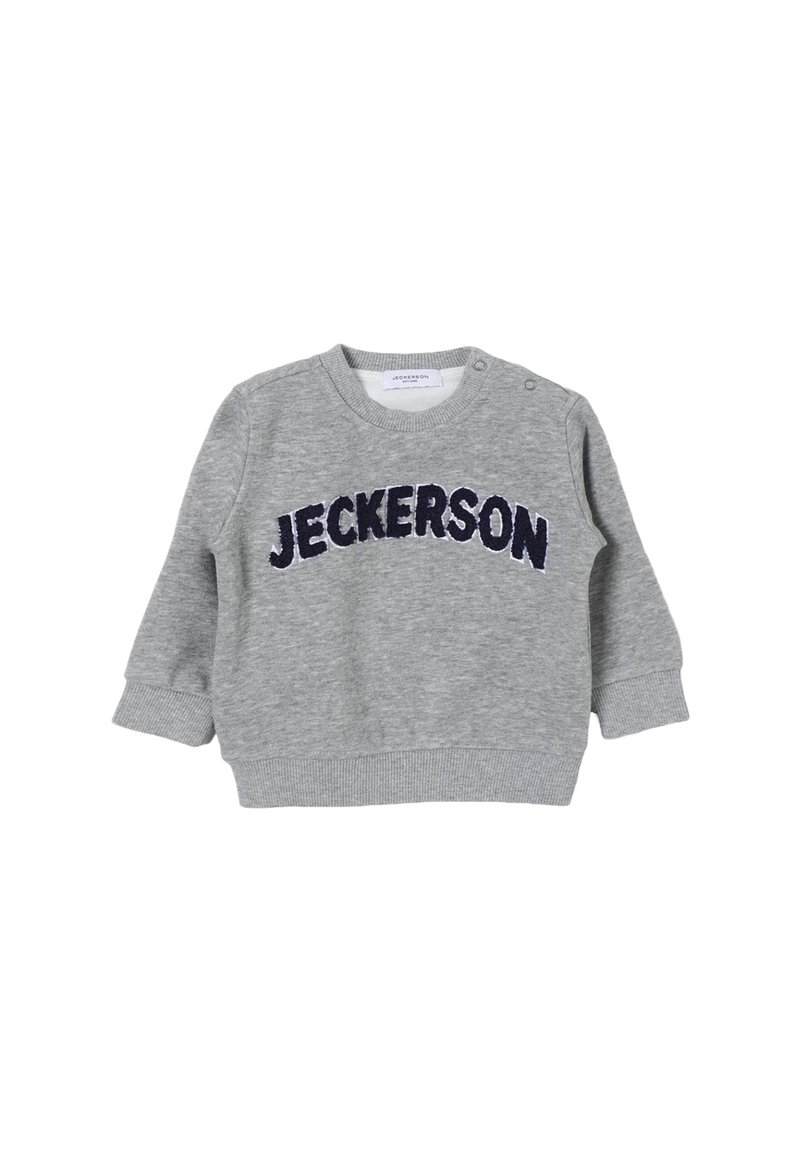Felpa grigia con scollatura rotonda, maniche lunghe, polsini e orlo inferiore a coste. Presenta il logo "JECKERSON" ricamato in blu navy sul petto.