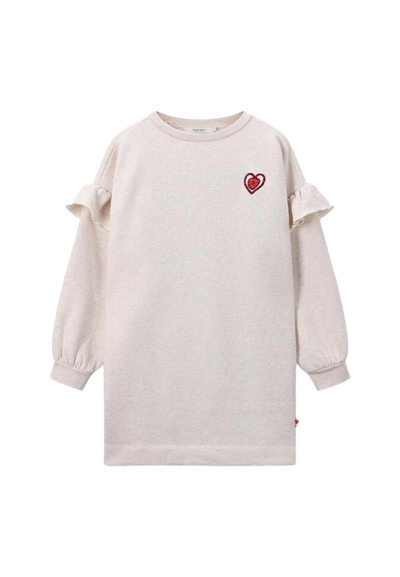 Beige Langarmkleid mit Rüschendetails an den Schultern und einem kleinen roten Herz-Patch auf der Brust, geripptem Halsauschnitt und Bündchen.