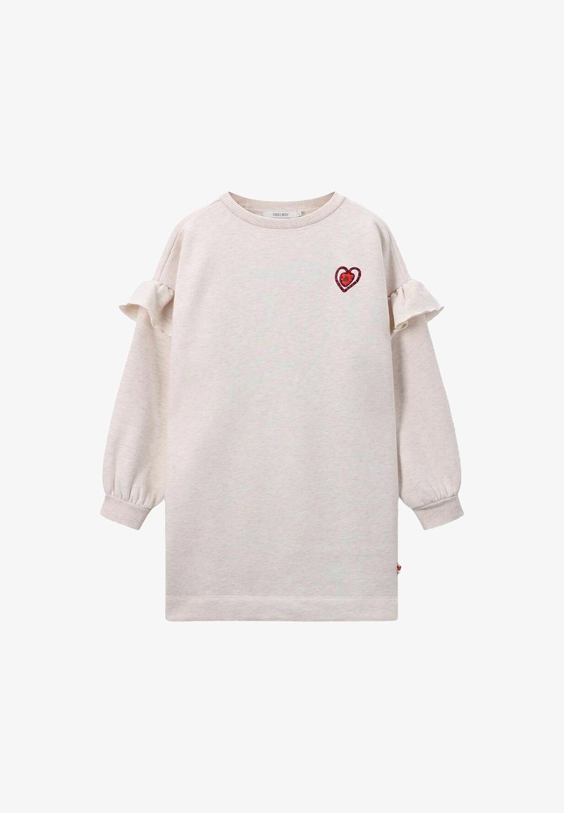 Beige Langarmkleid mit Rüschendetails an den Schultern und einem kleinen roten Herz-Patch auf der Brust, geripptem Halsauschnitt und Bündchen.