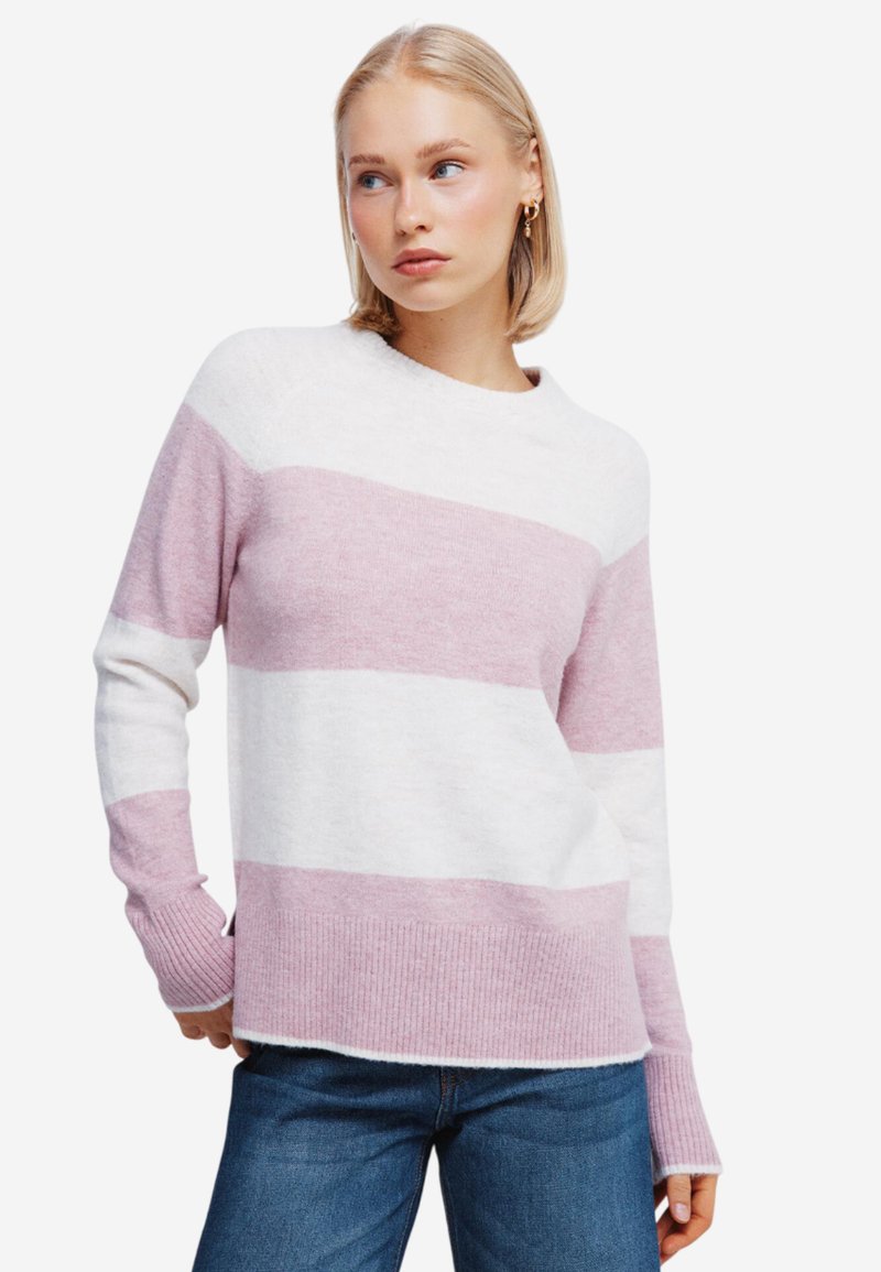 Maglione leggero a maglia con righe orizzontali in un delicato rosa e bianco. Collo rotondo e polsini a costine. Vestibilità casual con orlo dritto.