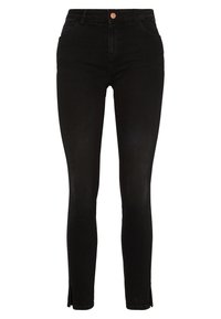 Pantalones vaqueros negros ajustados de cintura alta. Presentan cortes verticales en el dobladillo y un botón de cobre en la cinturilla.