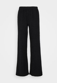 Black wide-leg pants with a textured fabric, featuring an elastic waistband and a relaxed fit, designed for comfort and ease of movement.