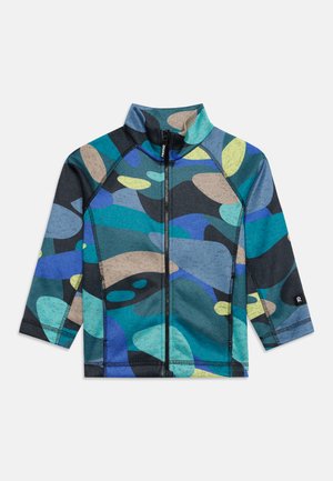 Veste zippée à manches longues pour enfants avec col montant, motif camouflage abstrait bleu, vert, noir, jaune et beige.