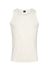 White cotton tank top, sleeveless design, round neckline, soft texture, no patterns or accents, medium size label inside neck.
