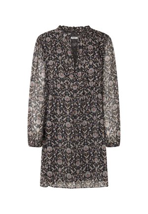 Vestido negro transparente con estampado floral en colores apagados, mangas largas y cuello con volantes. Presenta un corte holgado y puños elásticos.