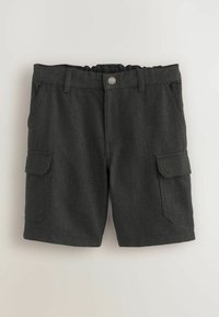 Ciemnoszare szorty cargo z elastycznym paskiem, z dwoma bocznymi kieszeniami oraz dwiema kieszeniami cargo z przodu. Gładka tekstura materiału.