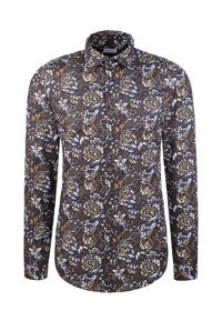 Langarm overhemd met een bruine, blauwe, witte en beige bloemenpatroon op een donkere achtergrond, klassieke kraag.