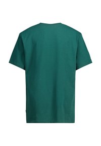 Camiseta de algodón verde con mangas cortas y cuello redondo, con un diseño liso y corte recto. Sin logotipos ni patrones visibles.