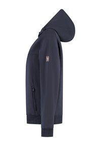 Nachtblauwe rits hoodie met voorzakken, geribde manchetten en onderrand, verstelbare capuchon met trekkoorden, en een klein logo op de linkermouw.