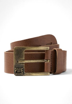 Brown leather belt rolled up with an aged brass rectangular buckle engraved with "PME LEGEND" on a white background.