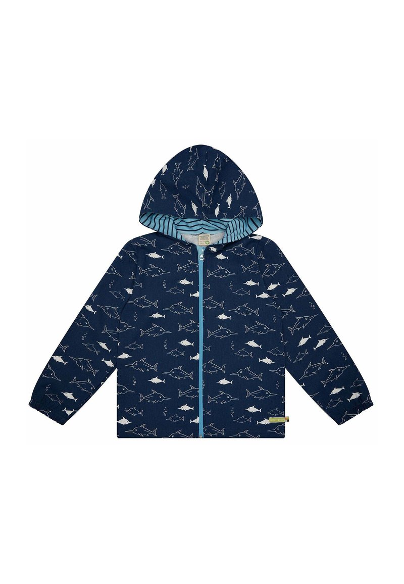Giacca zip-up blu navy con stampa di pesci, dotata di cappuccio e fodera a righe. Polsini elasticizzati e un piccolo logo tagliato all'orlo. Tessuto leggero.