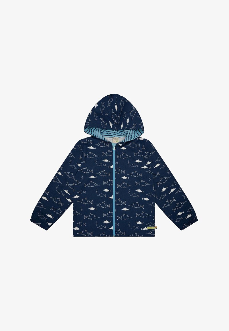Giacca zip-up blu navy con stampa di pesci, dotata di cappuccio e fodera a righe. Polsini elasticizzati e un piccolo logo tagliato all'orlo. Tessuto leggero.