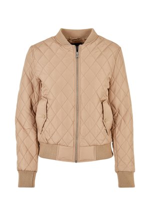 Veste bomber matelassée beige avec col, poignets et bas côtelés, fermeture éclair à l'avant et deux poches à rabat avec bouton-pression.
