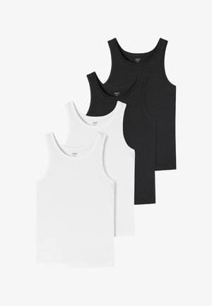 Due canottiere bianche e due nere senza maniche, disposte a colori alternati, mostrate distese senza distrazioni di sfondo.