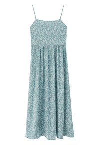 Robe midi verte sans manches avec fines bretelles et petit motif floral blanc, taille froncée et jupe fluide.