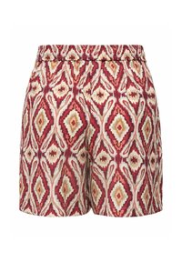 Shorts rouges, beige et orange à motifs avec une taille élastique et un motif géométrique en forme de losange.