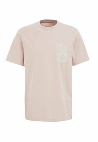 Camiseta de algodón rosa claro con cuello redondo, mangas cortas y un estampado gráfico floral en el lado izquierdo del pecho, que presenta la palabra "PARADISE".