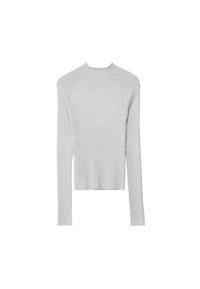 Jasnoszary, prążkowany sweter z długim rękawem, wysokim kołnierzem i dopasowanym krojem. Charakteryzuje się miękką teksturą i raglanowym krojem rękawów.